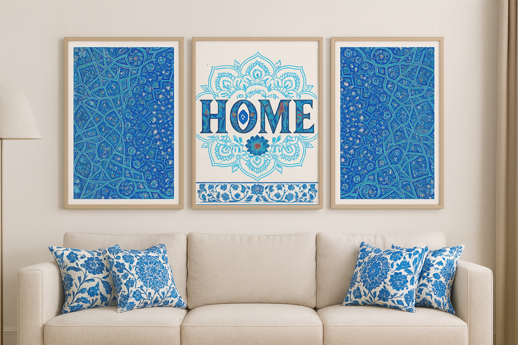 Blue Iznik Tile Wall Art Set of 3 | Turkish Ceramic HOME Print | Islamic Geometric Pattern Poster | Boho Living Room Decor