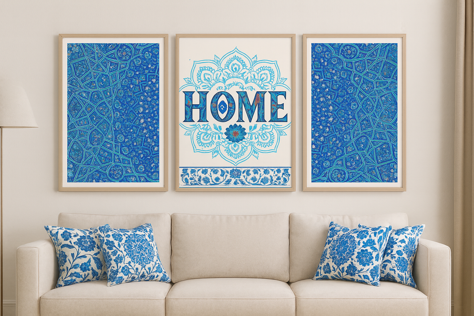 Blue Iznik Tile Wall Art Set of 3 | Turkish Ceramic HOME Print | Islamic Geometric Pattern Poster | Boho Living Room Decor