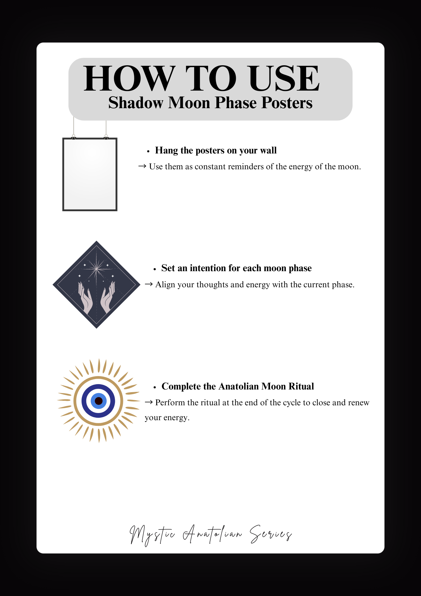 Shadow Moon Phase Bundle – 8 Dark Lunar Posters + Anatolian Ritual Guide | Printable Spiritual Decor PDF