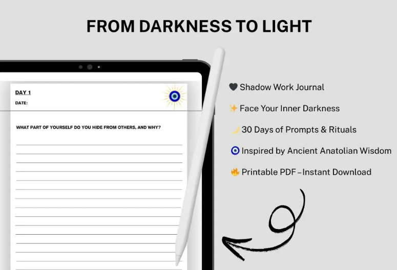 Shadow Work Journal – 30 Day Guided Prompts and Rituals | Printable Self-Discovery and Healing PDF | Spiritual Shadow Work Workbook