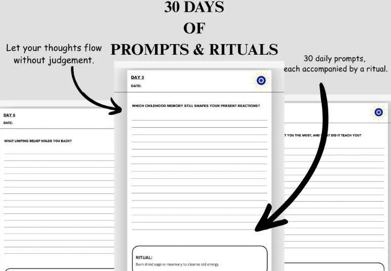 Shadow Work Journal – 30 Day Guided Prompts and Rituals | Printable Self-Discovery and Healing PDF | Spiritual Shadow Work Workbook