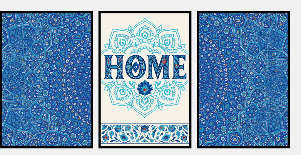 Blue Iznik Tile Wall Art Set of 3 | Turkish Ceramic HOME Print | Islamic Geometric Pattern Poster | Boho Living Room Decor