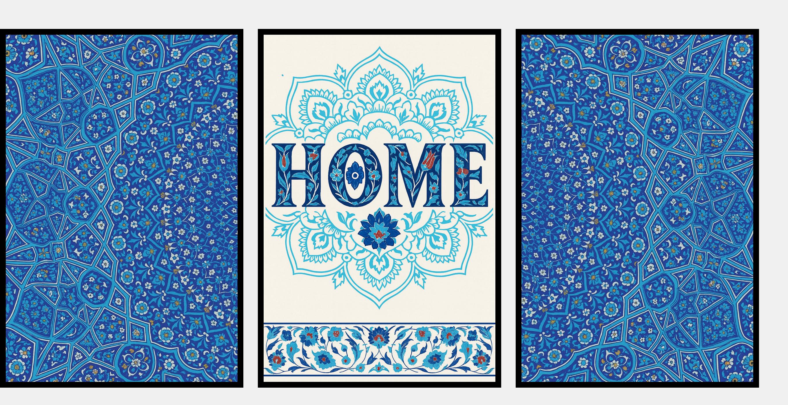 Blue Iznik Tile Wall Art Set of 3 | Turkish Ceramic HOME Print | Islamic Geometric Pattern Poster | Boho Living Room Decor
