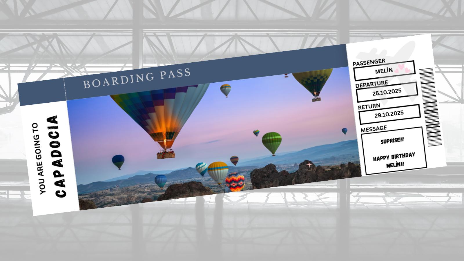Editable Surprise Travel Ticket – Printable Boarding Pass Gift for Turkey (Istanbul, Cappadocia, Antalya, Ankara) – Instant PDF Download